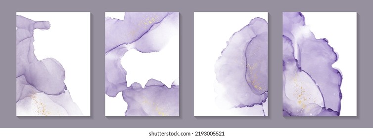 Modern watercolor background or elegant card design for birthday invite or wedding or menu with abstract purple ink waves and golden splashes.