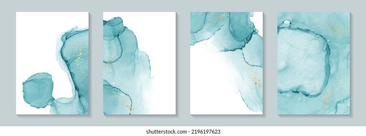 Modern watercolor background or elegant card design for birthday invite or wedding or menu with abstract teal ink waves and golden splashes.