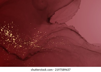 Modern watercolor background or elegant card design or wallpaper or poster with abstract red ink waves and golden splashes.