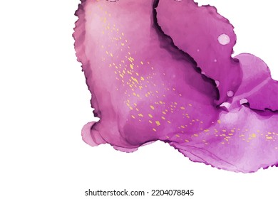 Modern watercolor background or elegant card design or wallpaper or poster with abstract pink ink waves and golden splashes.