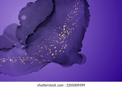 Modern watercolor background or elegant card design or wallpaper or poster with abstract purple ink waves and golden splashes.