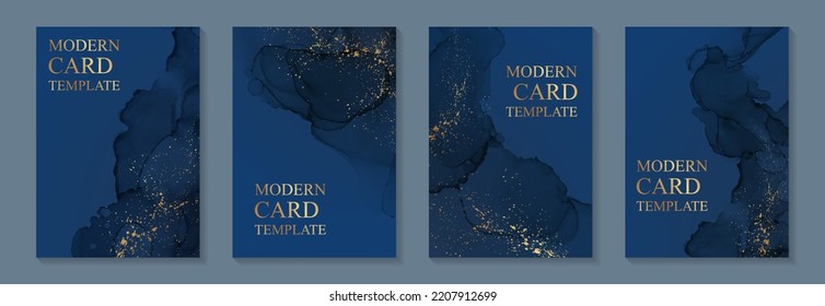 Fondo acuático moderno o diseño elegante de tarjeta para la invitación de cumpleaños o la boda o menú con ondas abstractas de tinta azul marino y salpicaduras doradas.