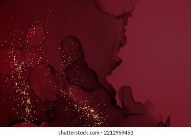 Modern watercolor background or elegant card design or wallpaper or poster with abstract red ink waves and golden splashes.