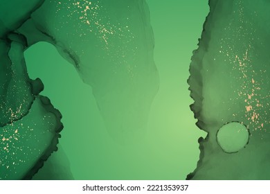 Modern watercolor background or elegant card design or wallpaper or poster with abstract green ink waves and golden splashes.