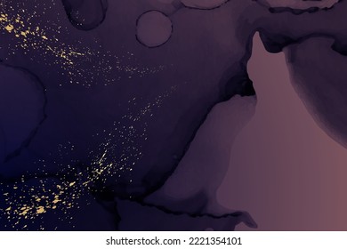 Modern watercolor background or elegant card design or wallpaper or poster with abstract dark purple ink waves and golden splashes.