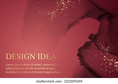 Modern watercolor background or elegant card design or wallpaper or poster with abstract red ink waves and golden splashes.