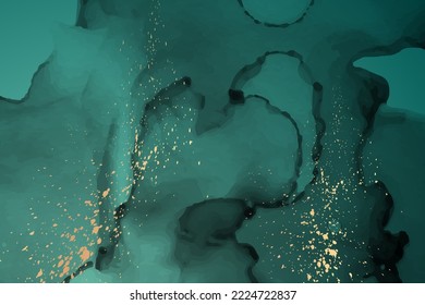 Modern watercolor background or elegant card design or wallpaper or poster with abstract teal ink waves and golden splashes.