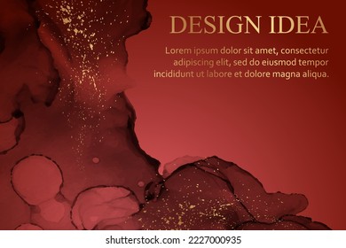 Modern watercolor background or elegant card design or wallpaper or poster with abstract red ink waves and golden splashes.