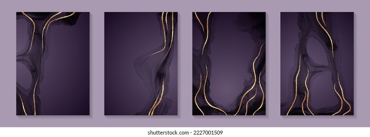 Modern watercolor background or elegant card design for birthday invite or wedding or menu with abstract purple ink waves and golden curves.