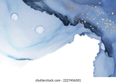 Modern watercolor background or elegant card design or wallpaper or poster with abstract blue ink waves and golden splashes.