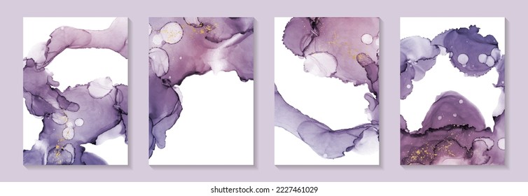 Modern watercolor background or elegant card design for birthday invite or wedding or menu with abstract purple ink waves and golden splashes.