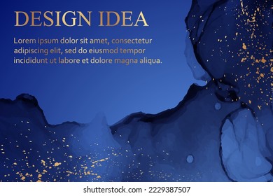 Fondo acuático moderno o diseño elegante de tarjetas o papel pintado o afiche con ondas abstractas de tinta azul y salpicaduras doradas.