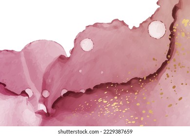 Modern watercolor background or elegant card design or wallpaper or poster with abstract pink ink waves and golden splashes.