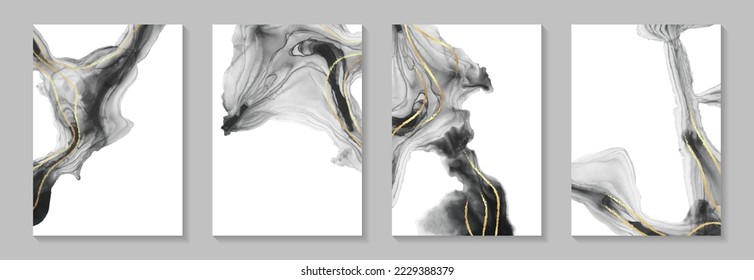 Modern watercolor background or elegant card design for birthday invite or wedding or menu with abstract black ink waves and golden curves.