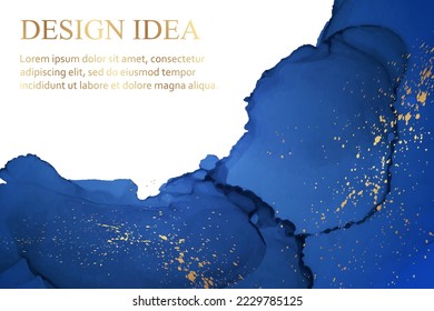 Modern watercolor background or elegant card design or wallpaper or poster with abstract blue ink waves and golden splashes.