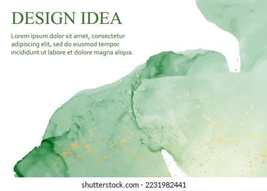 Modern watercolor background or elegant card design or wallpaper or poster with abstract green ink stains and golden splashes.