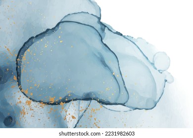 Modern watercolor background or elegant card design or wallpaper or poster with abstract blue ink stains and golden splashes.