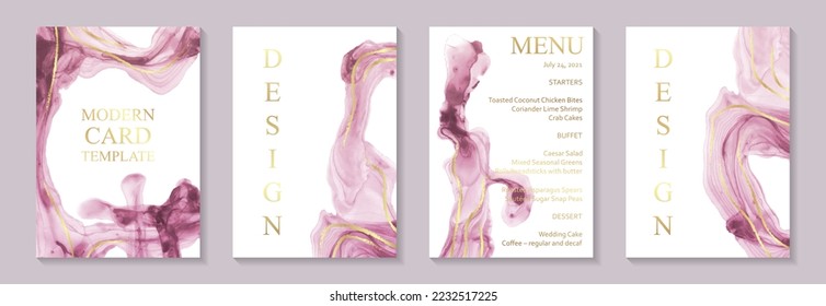 Modern watercolor background or elegant card design for birthday invite or wedding or menu with abstract pink ink waves and golden curves.