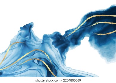 Modern watercolor background or elegant card design or wallpaper or poster with abstract blue ink waves and golden curves.