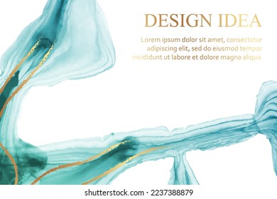 Modern watercolor background or elegant card design or wallpaper or poster with abstract teal ink waves and golden curves.