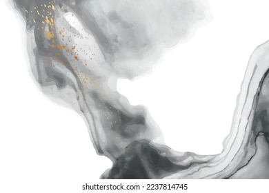 Modern watercolor background or elegant card design or wallpaper or poster with abstract black ink waves and golden splashes.