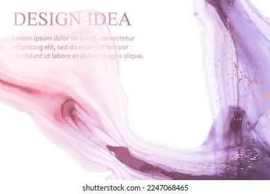 Modern watercolor background or elegant card design or wallpaper or poster with abstract pink and purple ink waves and rose gold splashes.