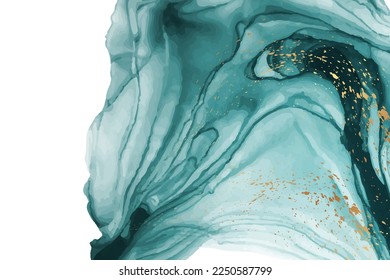 Modern watercolor background or elegant card design or wallpaper or poster with abstract turquoise ink waves and golden splashes.