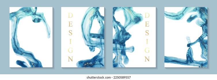 Modern watercolor background or elegant card design for birthday invite or wedding or menu with abstract blue ink waves and golden splashes.