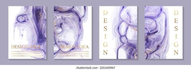 Modern watercolor background or elegant card design for birthday invite or wedding or menu with abstract purple ink waves and golden splashes.