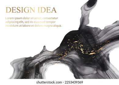 Modern watercolor background or elegant card design or wallpaper or poster with abstract black ink waves and golden splashes.