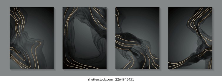 Modern watercolor background or elegant card design for birthday invite or wedding or menu with abstract black ink waves and golden curves.