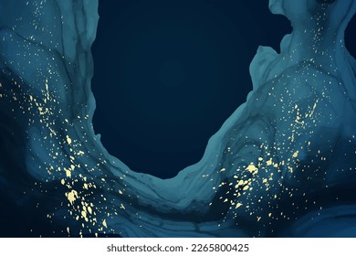 Modern watercolor background or elegant card design or wallpaper or poster with abstract navy blue ink waves and golden splashes.