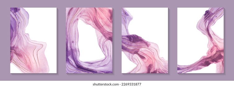 Modern watercolor background or elegant card design for birthday invite or wedding or menu with abstract purple and pink ink waves and golden curves.