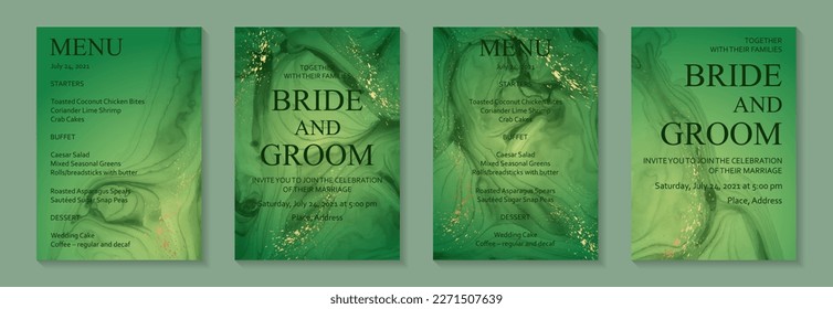 Modern watercolor background or elegant card design for birthday invite or wedding or menu with abstract green ink waves and golden splashes.