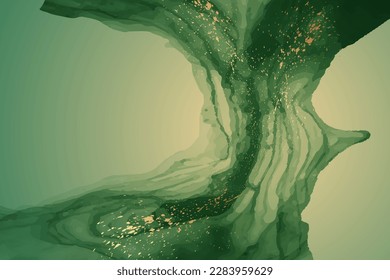 Modern watercolor background or elegant card design or wallpaper or poster with abstract green ink waves and golden splashes.