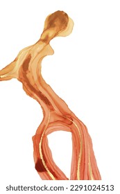 Modern watercolor background or elegant card design or wallpaper or poster with abstract orange ink waves and golden lines.