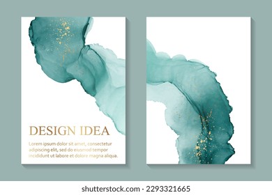 Modern watercolor background or elegant card design for birthday invite or wedding or menu with abstract teal green ink waves and golden splashes.