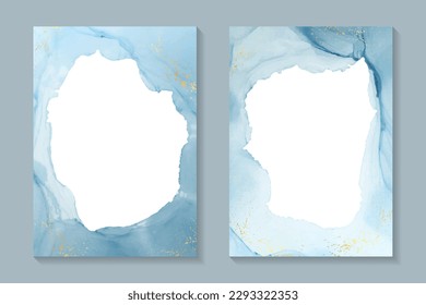 Modern watercolor background or elegant card design for birthday invite or wedding or menu with abstract blue ink waves and golden splashes.