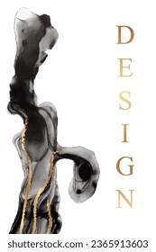 Modern watercolor background or elegant card design or wallpaper or poster with abstract black ink waves and golden lines.