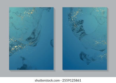 Modern watercolor background or elegant card design for birthday invite or wedding or menu with abstract teal blue ink waves and golden splashes.