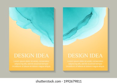 Modern Watercolor Background With Sea And Beach Or Card Design For Birthday Invite Or Wedding Or Menu With Abstract Teal Blue Ink Waves On A Yellow.