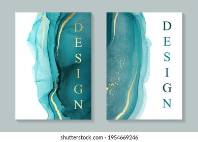 Modern watercolor backgrounds or elegant card design for birthday invite or wedding or menu with abstract teal ink waves and golden strokes and splashes. Colored with overlay layers, easy to recolor.