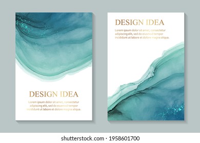 Modern watercolor backgrounds or elegant card design for birthday invite or wedding or menu with abstract teal ink waves and metallic splashes on a white. Colored with overlay layers, easy to recolor.