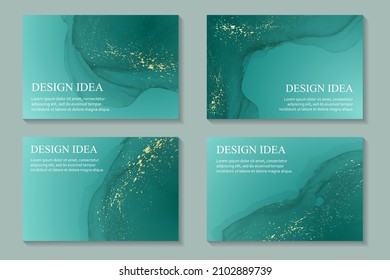 Modern watercolor backgrounds or elegant card design or wallpaper or poster with abstract turquoise green ink waves and golden splashes.