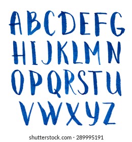 Modern watercolor blue font, vector alphabet, painted with a brush by hand.