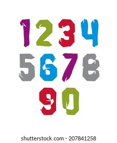 Modern watercolor brushed numbers set, hand-drawn colorful stylish numerals isolated on white background. 