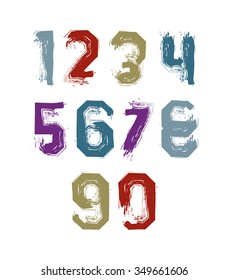 Modern watercolor brushed numbers set, hand-drawn colorful stylish numerals isolated on white background. 