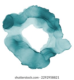 Modern watercolor circle frame design for birthday invite or wedding or poster with abstract teal ink waves.