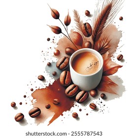 Modern watercolor drawing pattern illustrtion with cup of hot coffee and coffee beans, splashes, wheat, leaves on white bckground. Vector isolated beautiful design. For cards, prints, menu, carte.