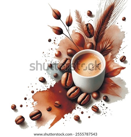 Modern watercolor drawing pattern illustrtion with cup of hot coffee and coffee beans, splashes, wheat, leaves on white bckground. Vector isolated beautiful design. For cards, prints, menu, carte.